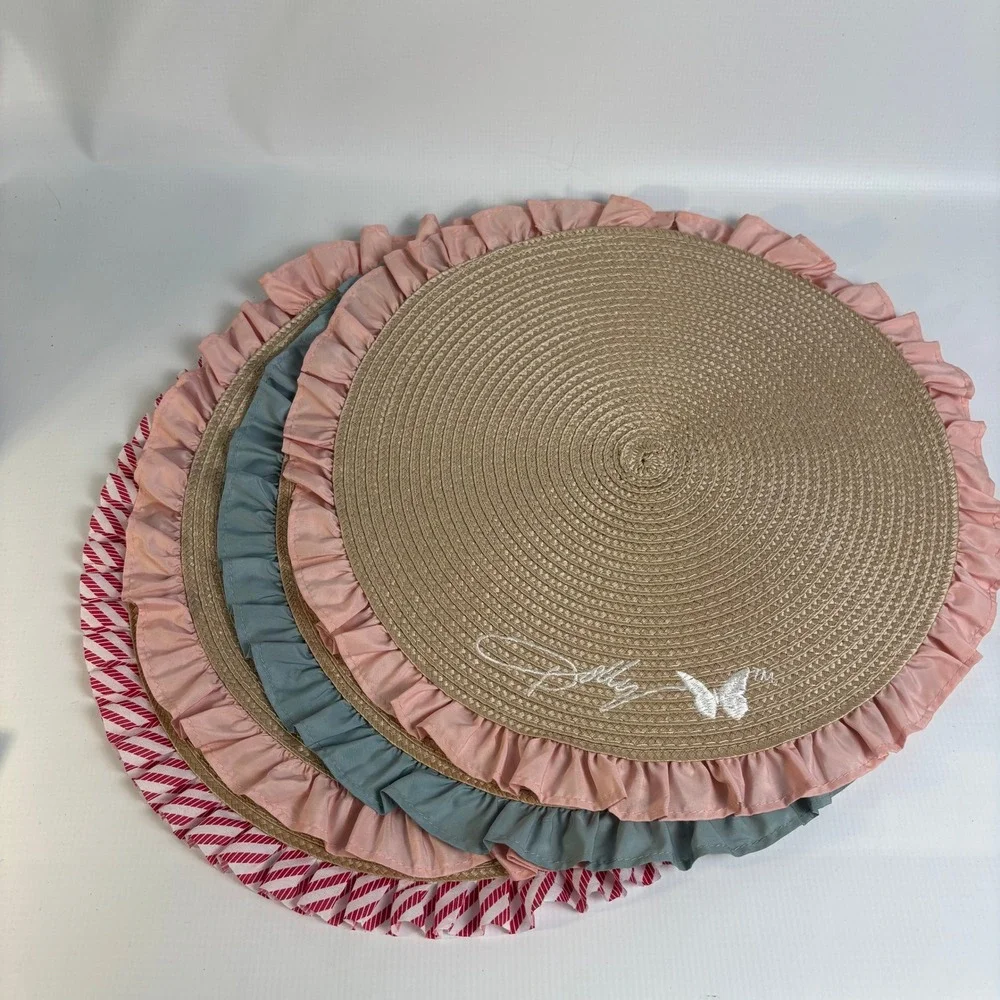 Dolly Parton Round Woven Placemats Set of 4 Ruffled Pink Blue Red Stripe 15 Inch